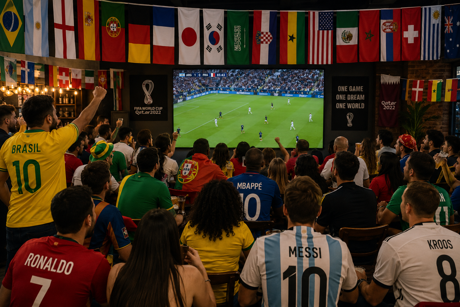 Crowd of soccer fans in a bar wearing national team jerseys watching a World Cup match on a large screen, flags hung overhead rim the scene.