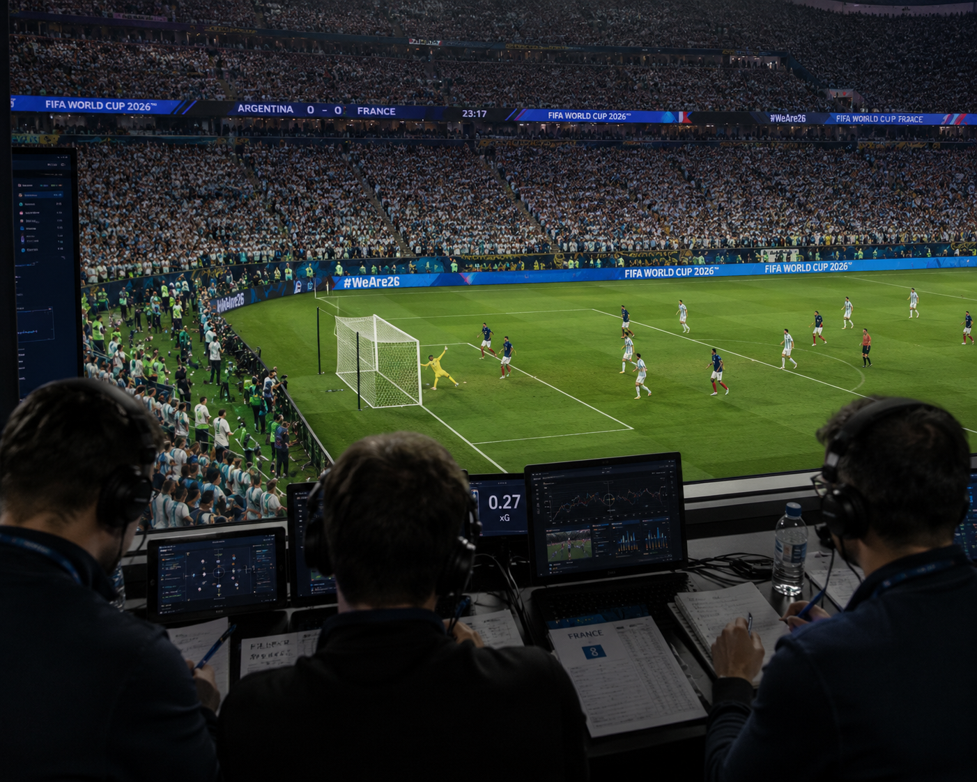 Broadcast booth with headset-wearing commentators and multiple monitors overlooking a packed soccer stadium as players contest a World Cup match near the goal.
